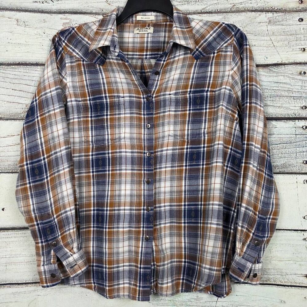 Ariat Real Relaxed Plaid Button Up Shirt Brown Blue L